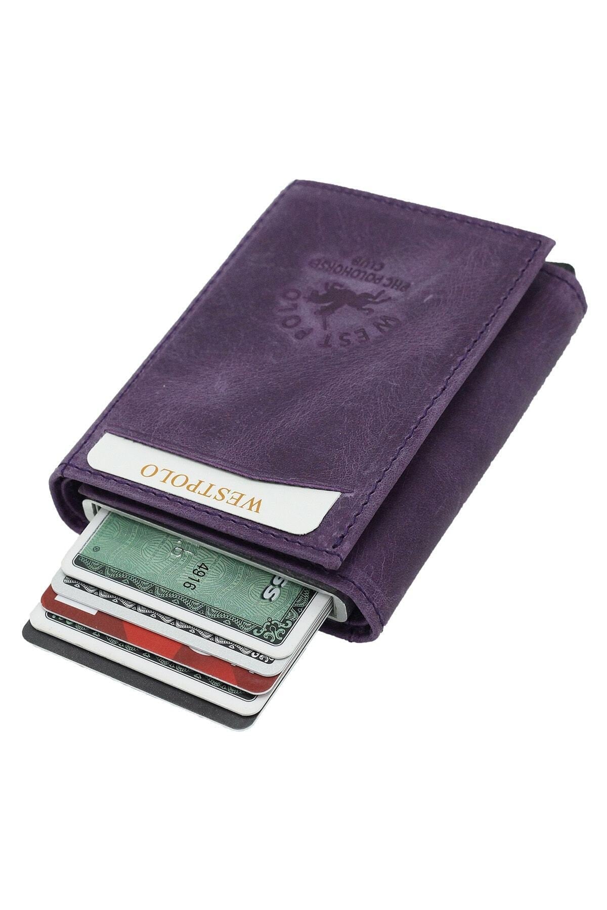 Men'S Purple Leather Mechanism Wallet Card Holder