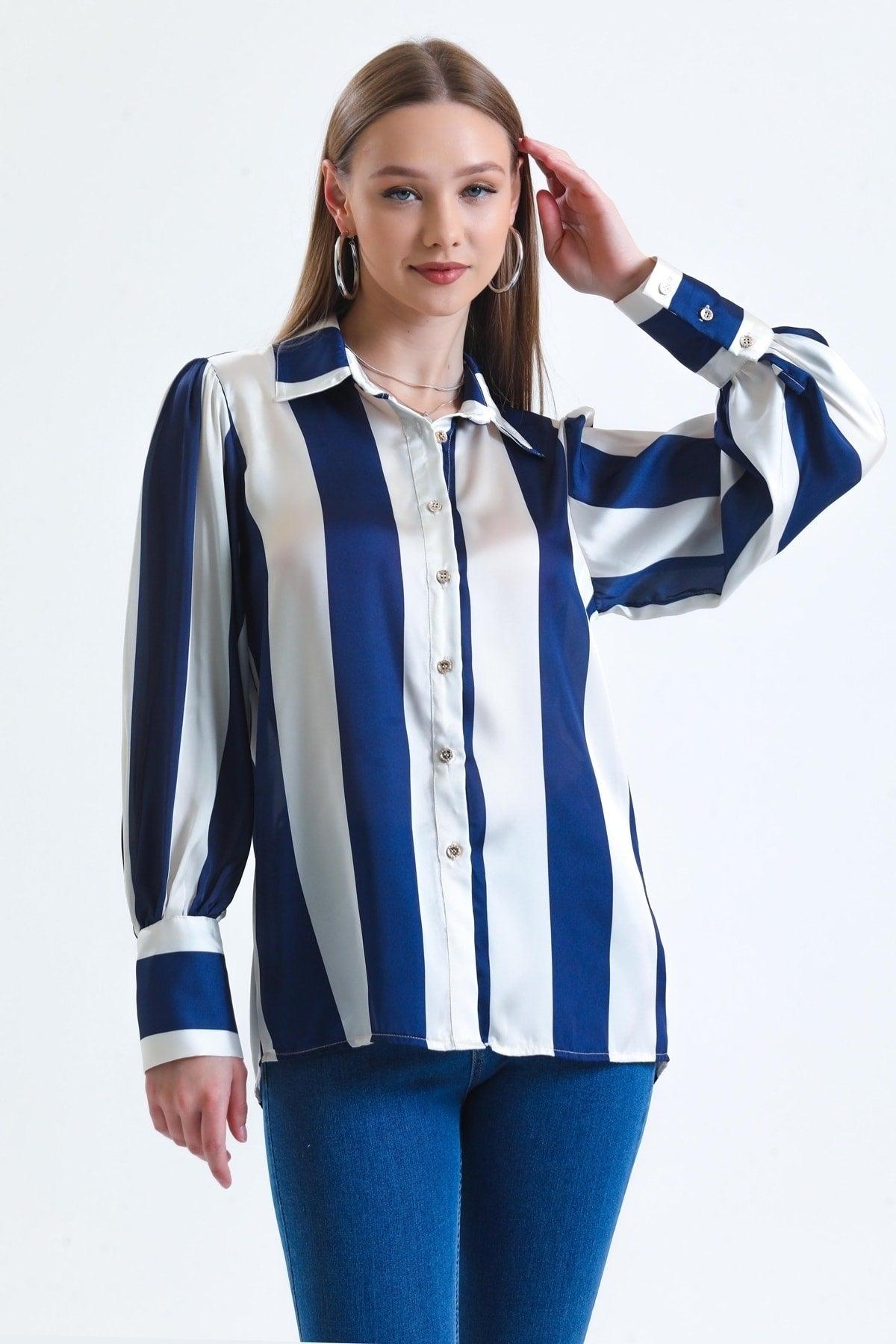 Women's Indigo Balloon Sleeve Ruffle Detailed Oversize Striped Satin Shirt - Swordslife