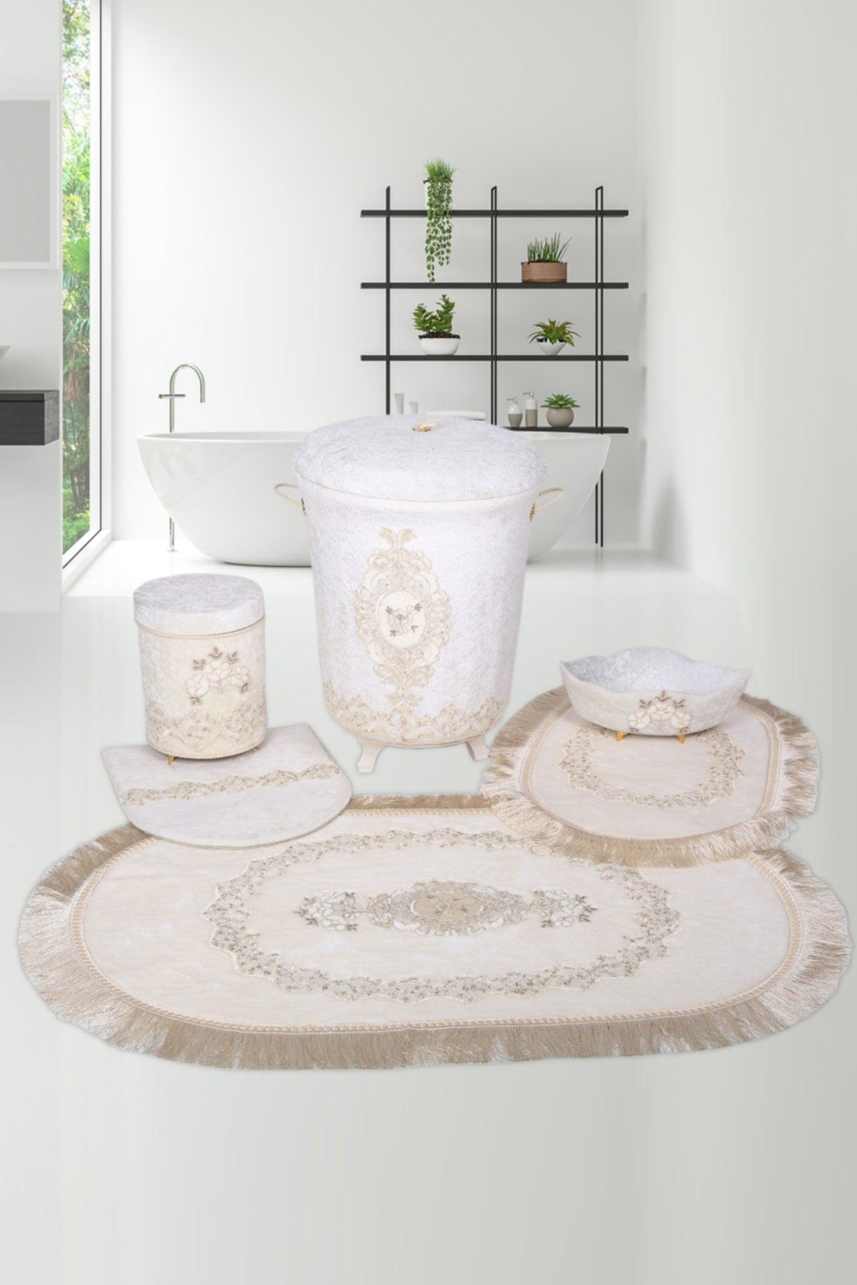 Exclusive Cream 6 Pcs Lacy Bathroom Dirty Laundry Basket Set + Bath Mat Set - Swordslife