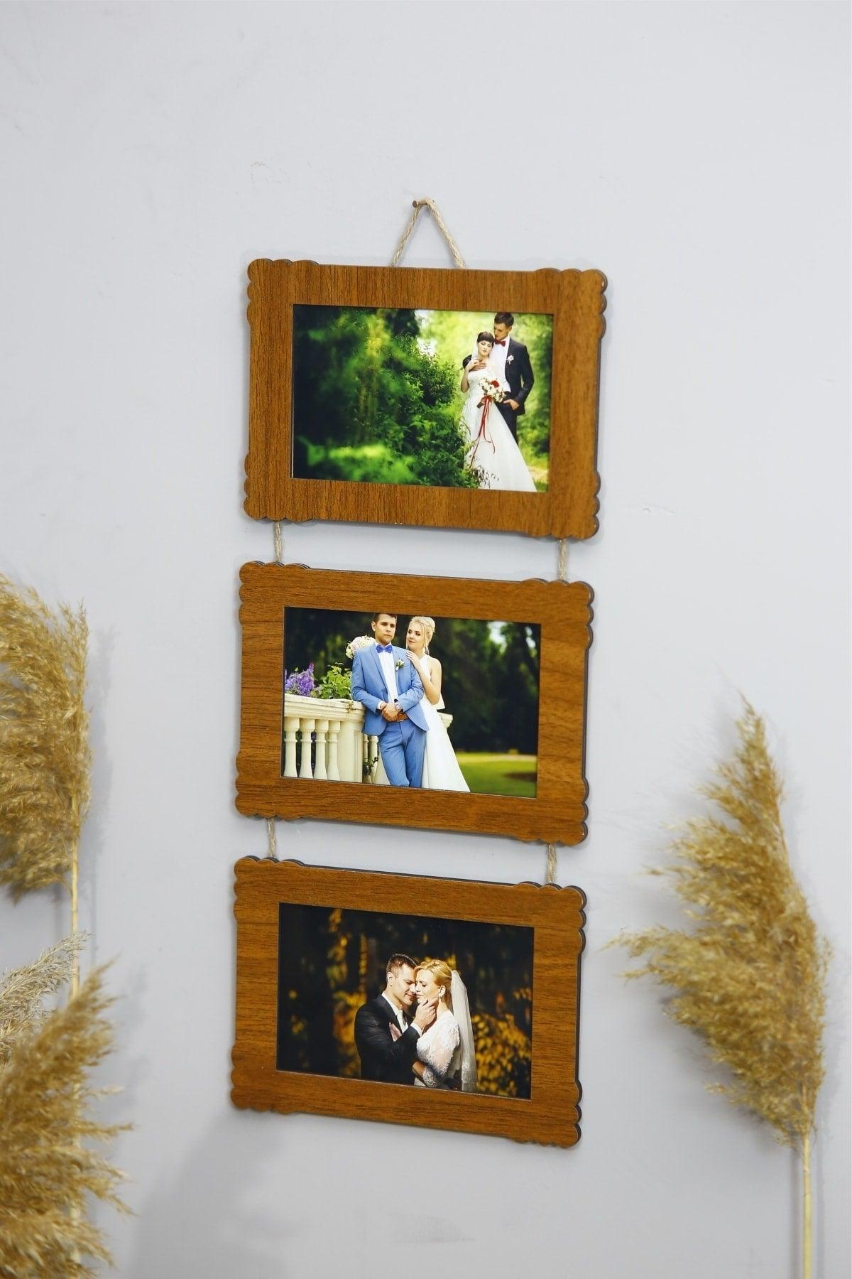 Wooden Triple 10x15 Cm Rope Photo Hanger Horizontal-color Walnut - Swordslife