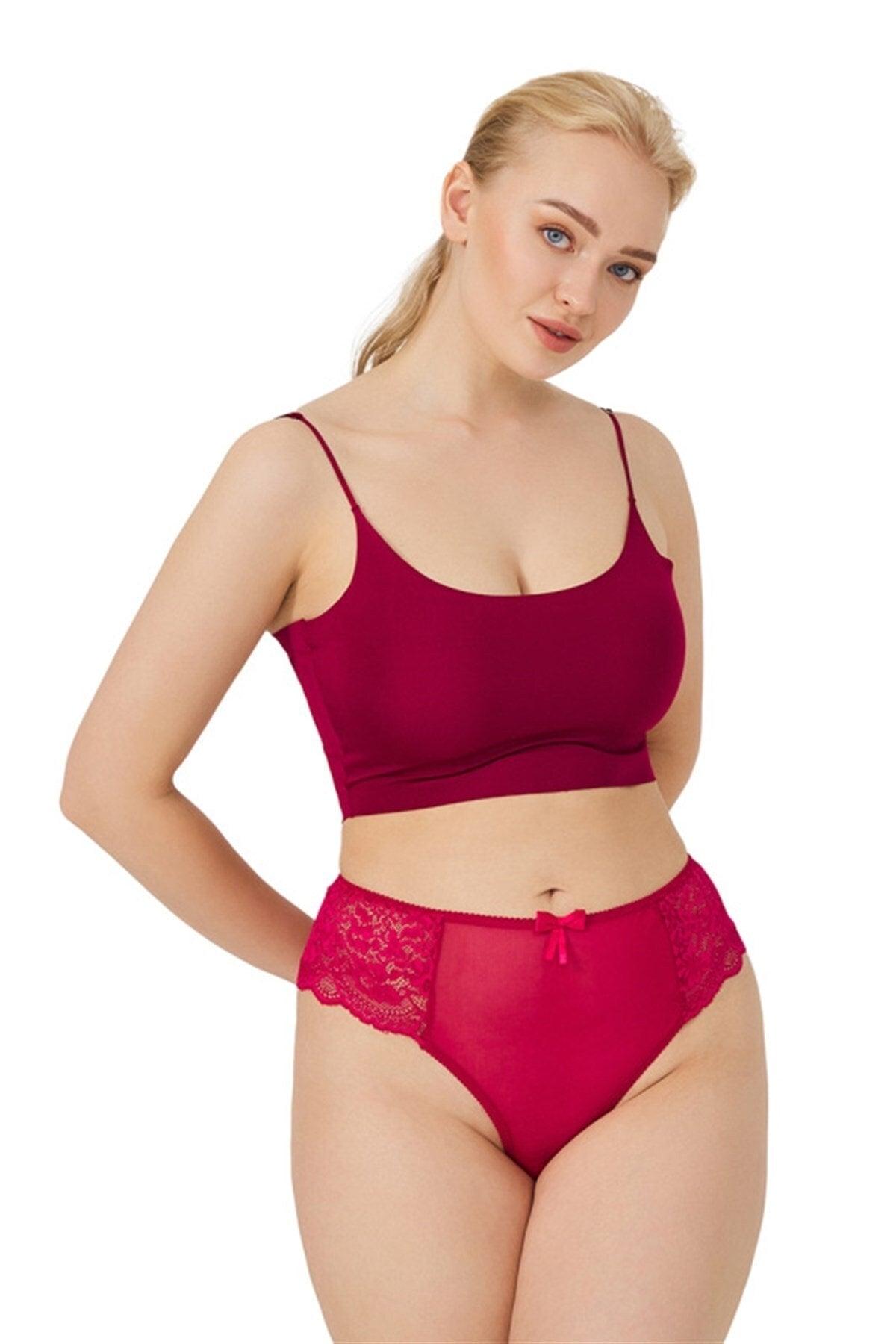 Burgundy Lace Tulle Detailed Plus Size Women's Brazilian Panties - Swordslife