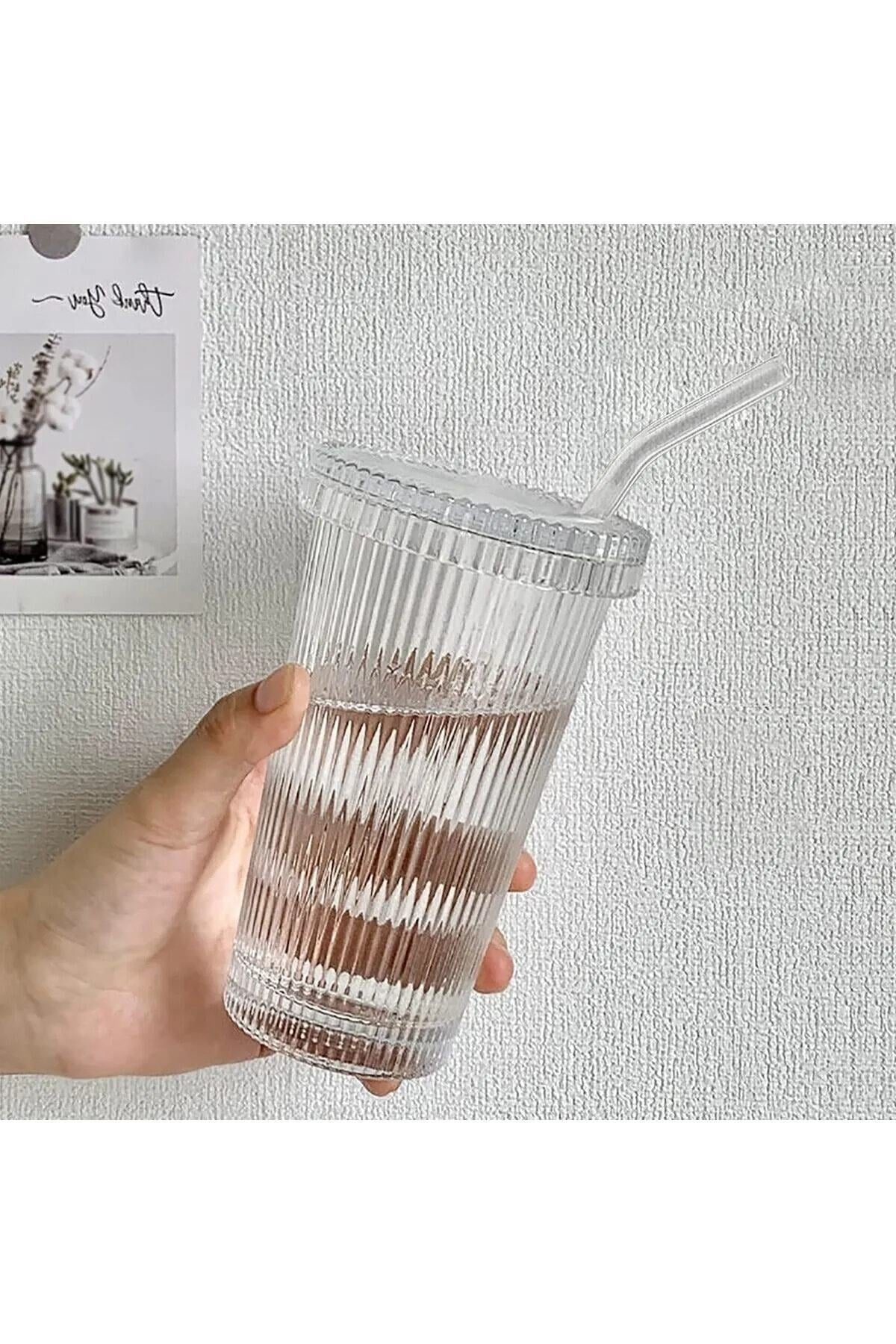 1 Single Pinterest Model Origami Striped Mica Lid Glass Cup With Straw