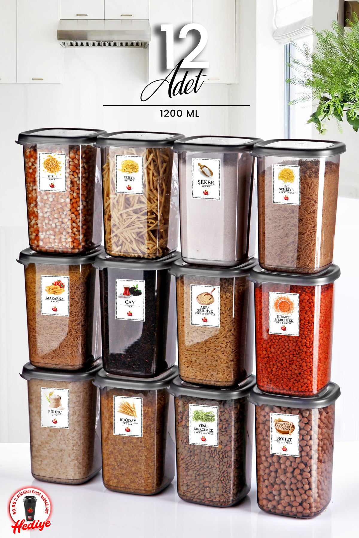 12 Liters Large Square Storage Container Set With Label 1.2Lt Anthracite Food Jar Set