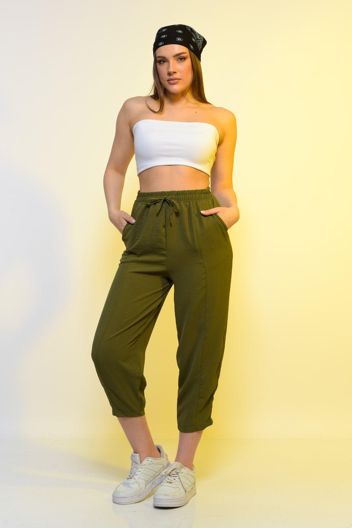 New Season Summer Elastic Waist Slim Pants High Waist Women Khaki Green Casual Trousers - Swordslife