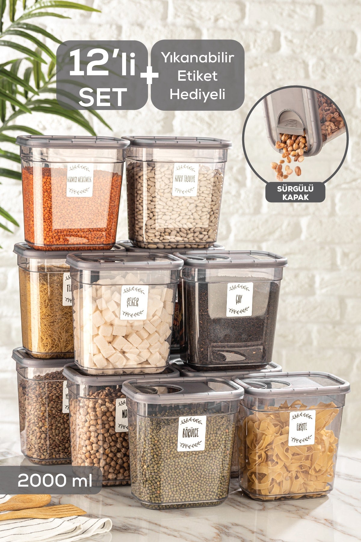 12 Pcs Tiny Labeled Sliding Lid Food Storage Container - Rectangular Jar Legumes Container 12X2000 Ml