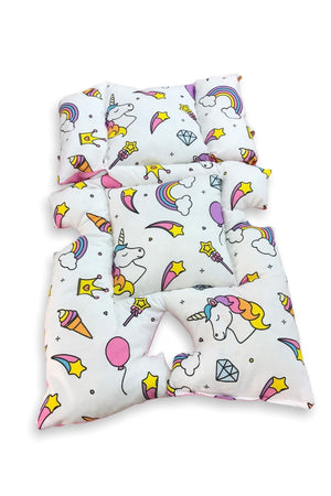 Baby Stroller And Car Seat Cushion With Waist Support White Unicorn Pink