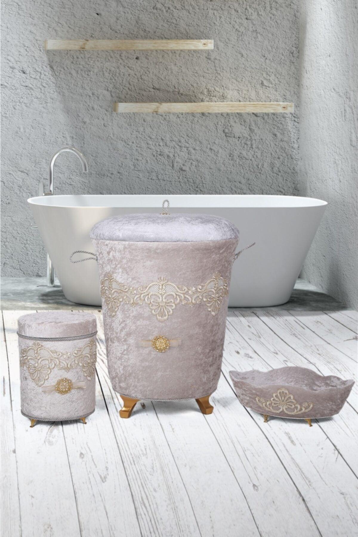 Golden Gray 3 Piece Velvet Dowry Lacy Bathroom Dirty Laundry Basket Set - Swordslife