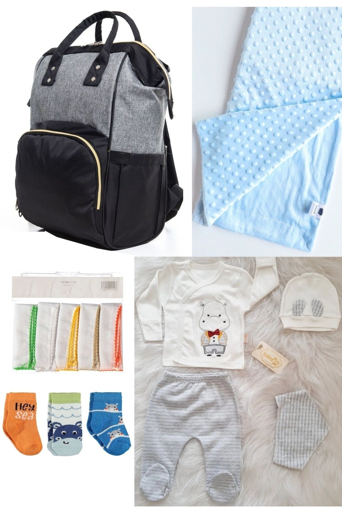 5 Piece Maternity Set (Baby Care Backpack, Hospital Exit, Chickpea Blanket, 10 Wipes and 3 Socks)