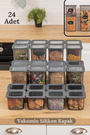 Mega Food Storage Container Set Of 24 Vacuumed Silicone Lids - 8X(0.65 Lt - 1.3 Lt - 1.9 Lt)