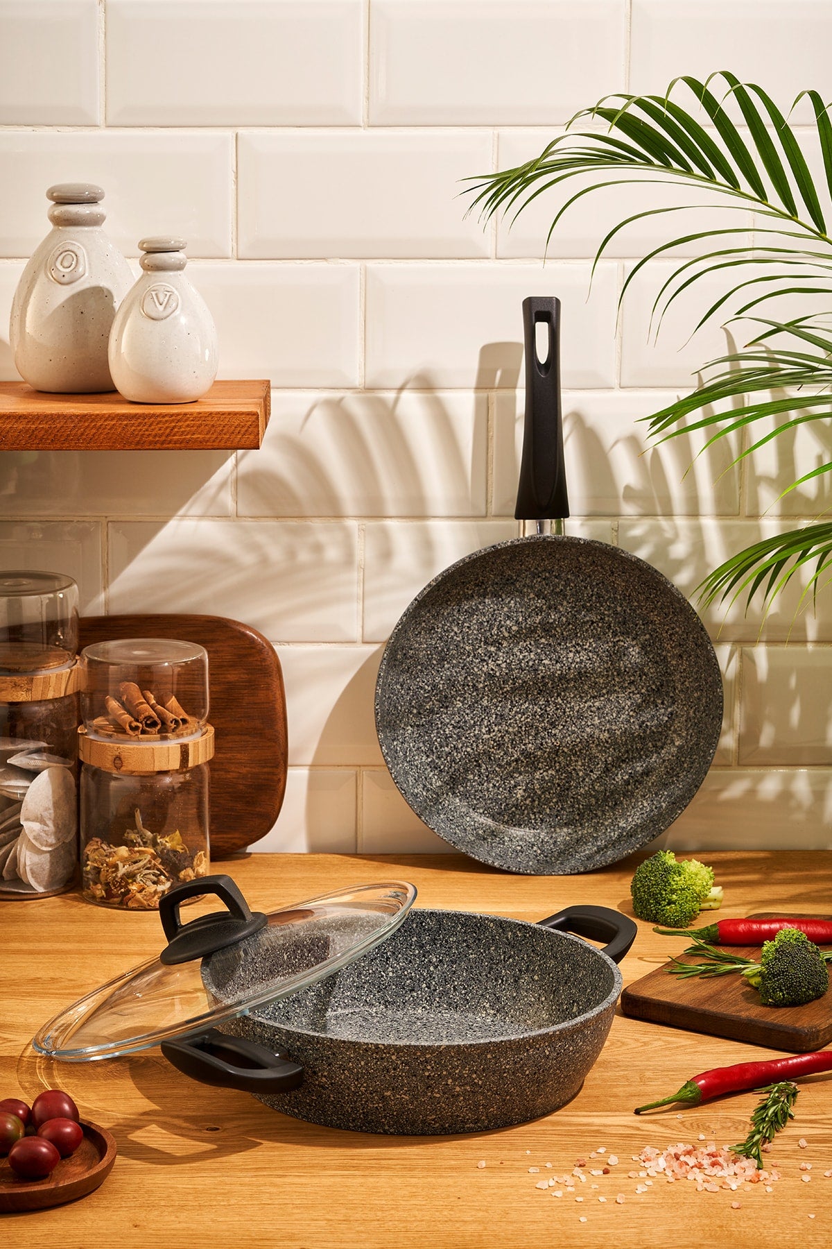 Lucca 3 Piece 24 Cm Pot And Pan Set With Compatible Lid Gray Blue