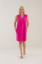 Women's Fuchsia Color Linen Look Cotton Dress with Pockets - Swordslife