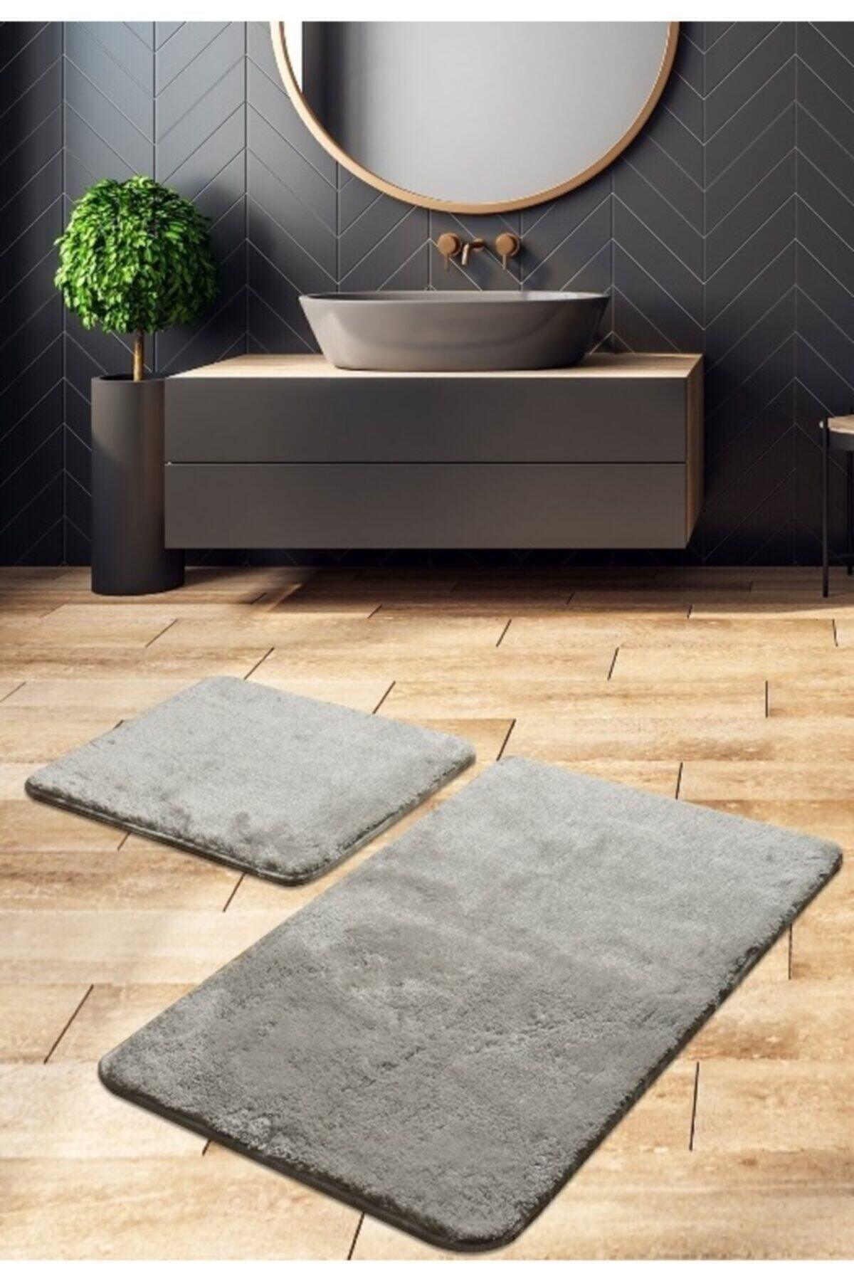 80x120 + 80x50 2 Pack Gray Bath Mat Set Plush Non-Slip Base Washable - Swordslife