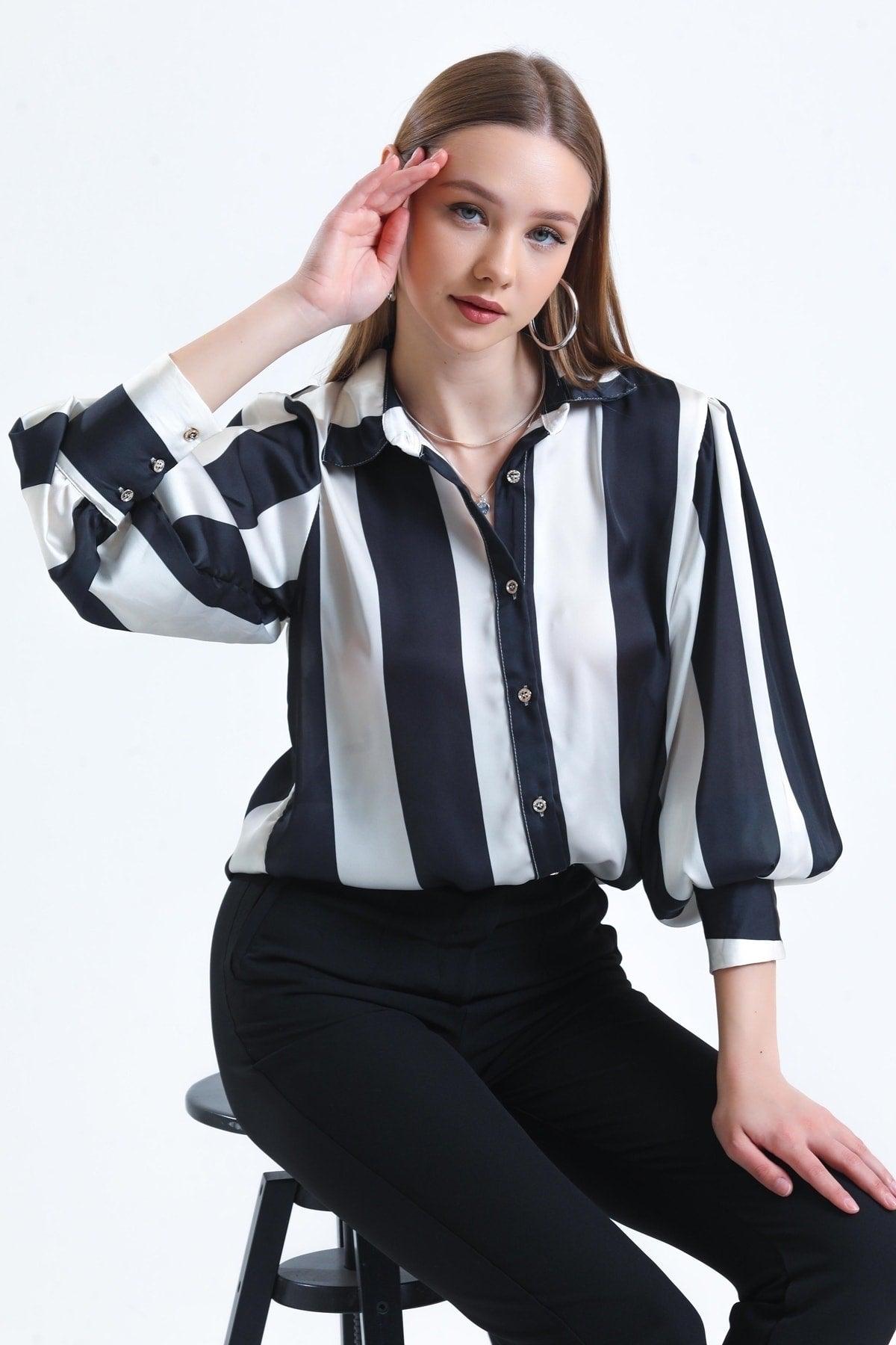 Women's White Balloon Sleeve Ruffle Detailed Oversize Striped Satin Shirt - Swordslife