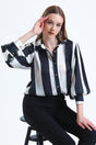Women's White Balloon Sleeve Ruffle Detailed Oversize Striped Satin Shirt - Swordslife