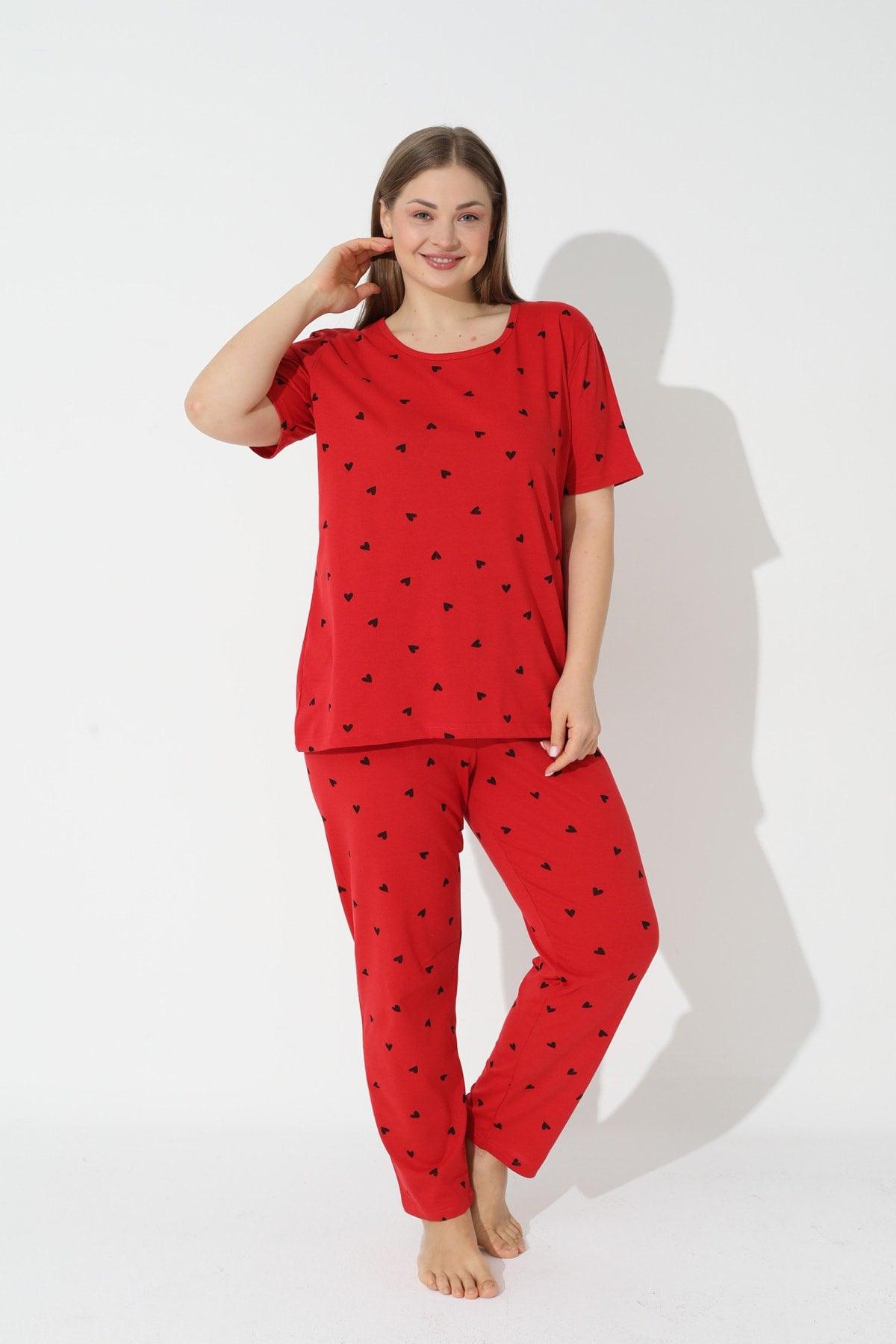 Red Curve Plus Size Oversized Short Sleeve Cotton Pajamas Set - Swordslife