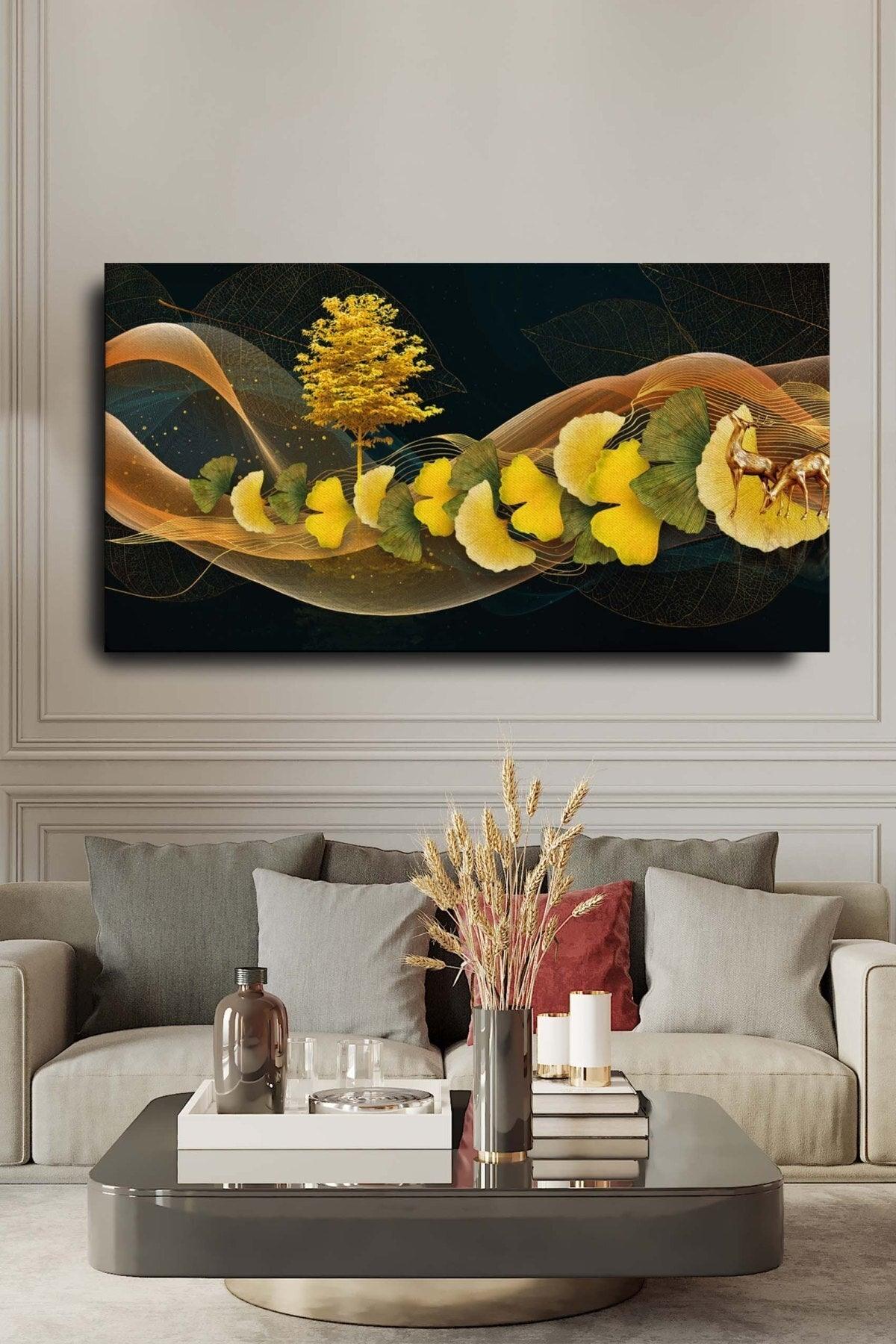 Decorative Abstract Golden Deer Leaf Surreal Canvas Wall Painting 120x60cm Large Size Painting - Swordslife