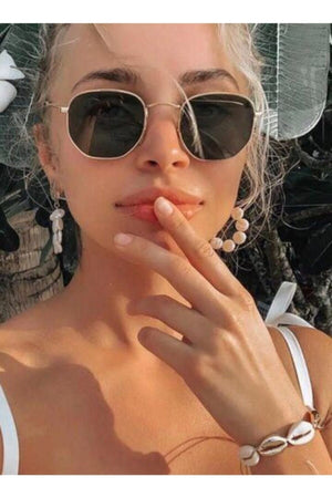 Gold Metal Framed Pentagon Unisex Sunglasses