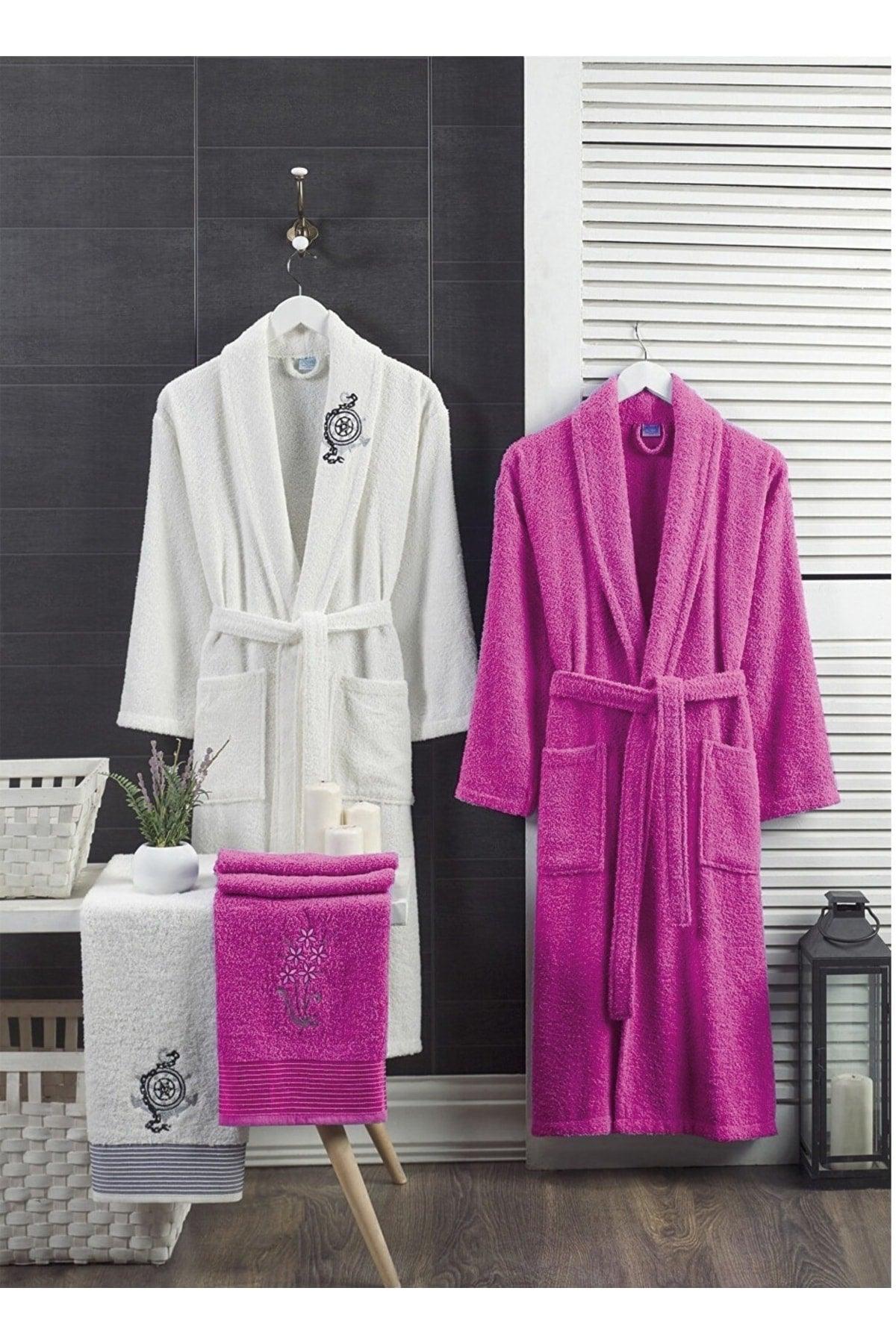 100% Cotton Embroidered 4-Piece Family Bathrobe Set| Bathrobe Set | Dowry Set | White | magenta - Swordslife