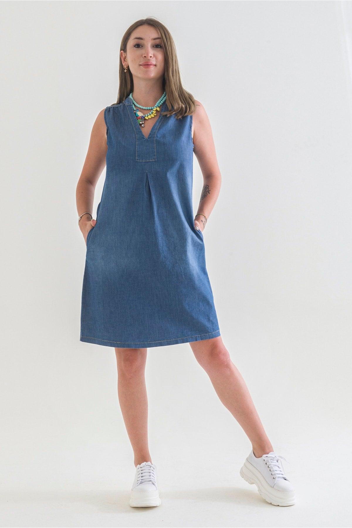 Women's Pocket Washed Cotton Blue Denim Dress - Swordslife