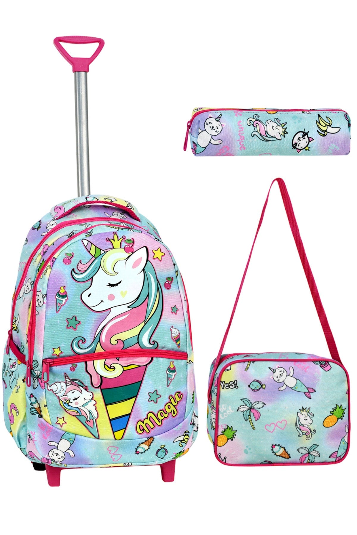 3-pack School Set with Squeegee, Unicorn Pattern Primary School Bag + Lunch Box + Pencil Holder