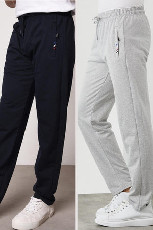 Navy Blue-Grey Men'S Zipper Pocket Embroidery Detailed Straight Leg Relaxed Cut 2-Pack Of Sweatpants