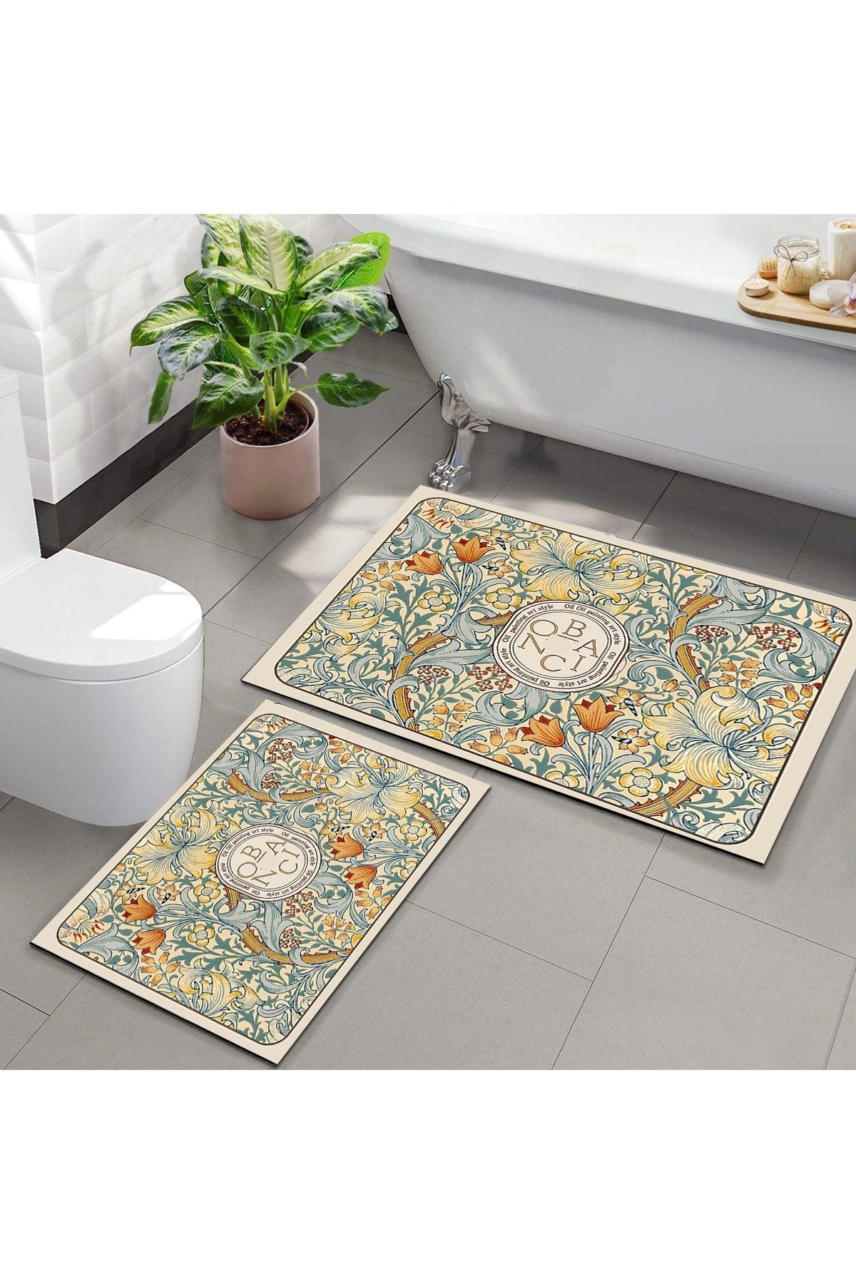 Else Decor Yellow Flowers Patterned Washable Non-Slip Base 2 Bathroom Carpet Doormat Closet Set - Swordslife