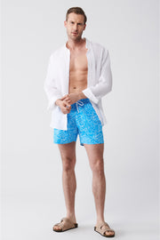 Men'S Turquoise Quick Dry Printed Standard Size Swimwear Marine Shorts E003802