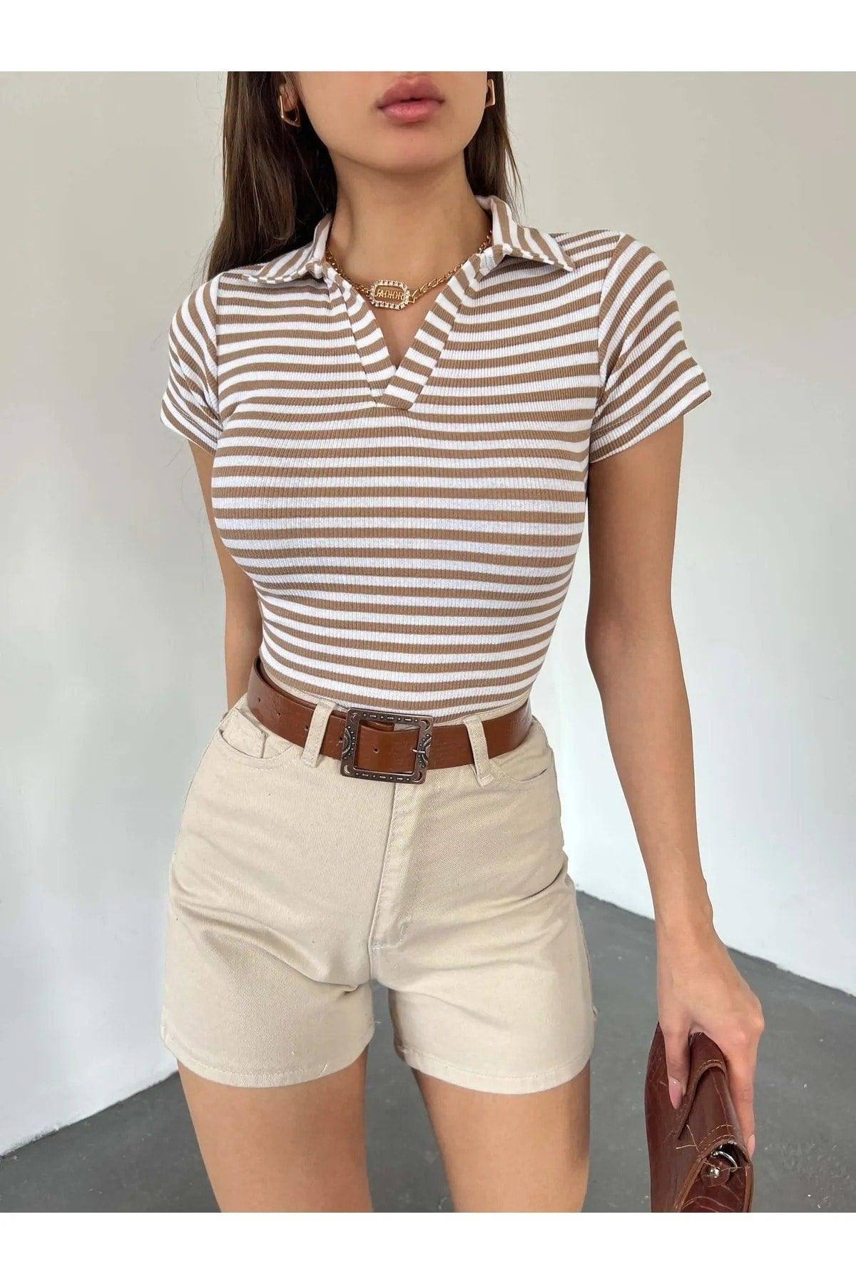 Fitted/fitted Polo Neck Short Sleeve Striped Camisole Crop Blouse Camel - Swordslife