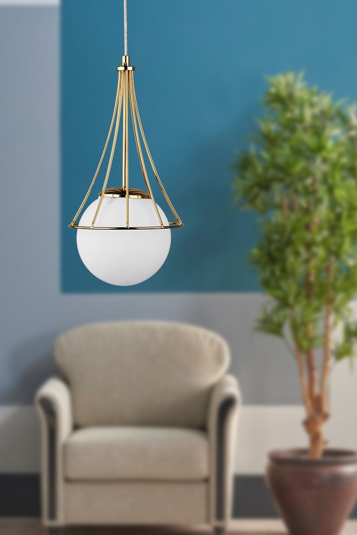 Lapis Single Chandelier Gold-White Glop Glass