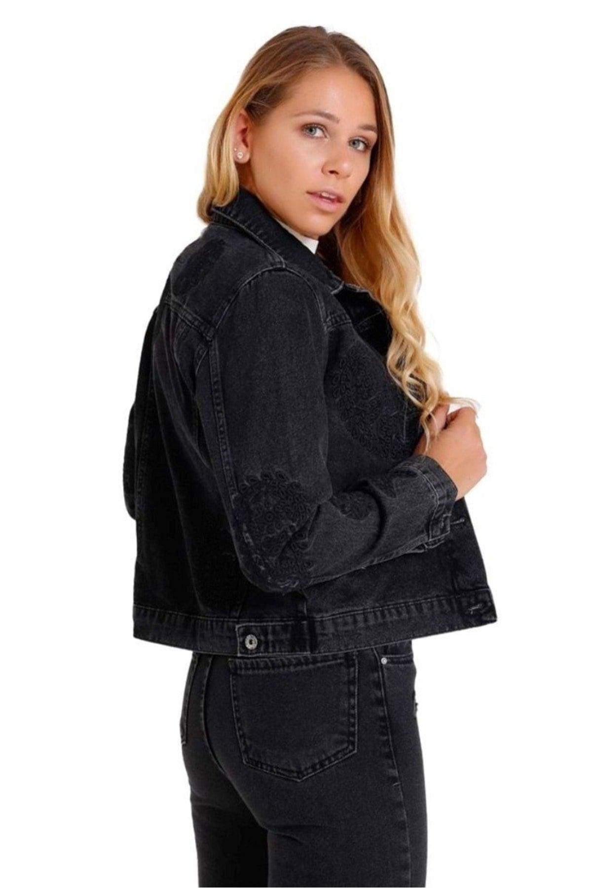 Embroidered Embroidered Short Jeans On The Front And Back Of The Sleeves Women's Jacket Buttoned Four Seasons Classic Denim - Swordslife