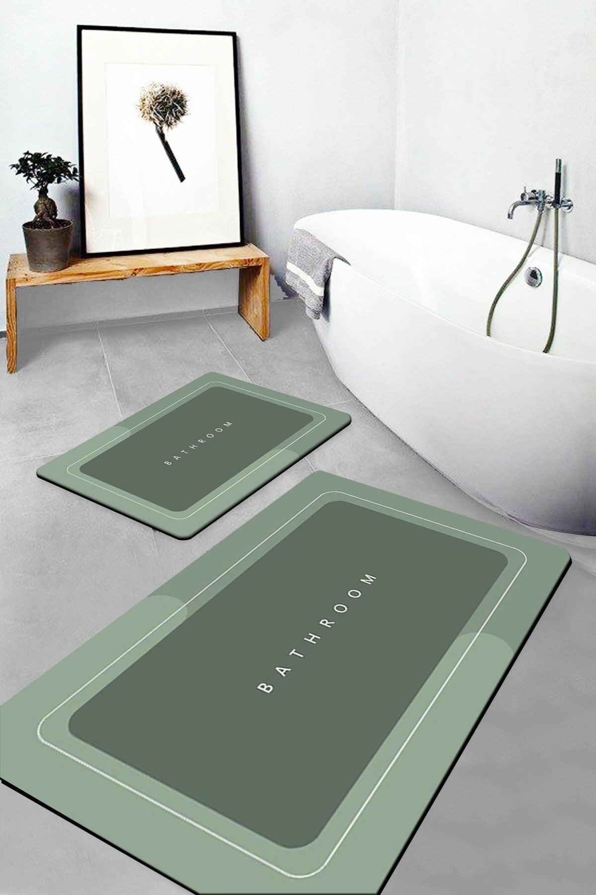 Else Green Bathroom Written Pattern Washable Non-Slip Floor 2 Pcs. Bathroom Carpet Mat Closet Set - Swordslife