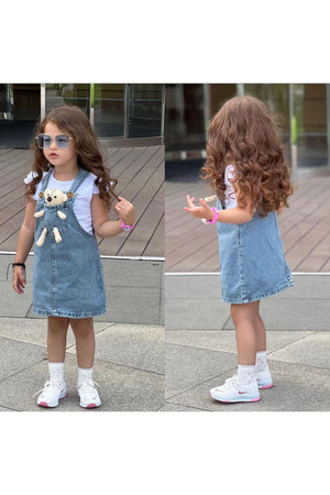 Baby Girl Slopet Jean Dress With Toy Visuals -Turquoise