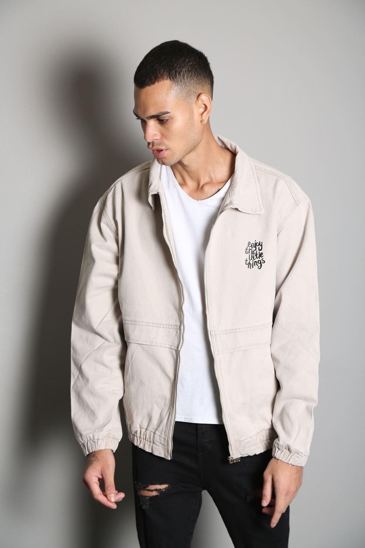 Oversize Beige Printed Men's Zippered Bomber Denim Jacket - Swordslife