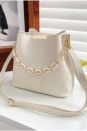 Women'S Cream Chain Accessory Soft Leather 3-Compartment Hand, Arm And Shoulder Bag