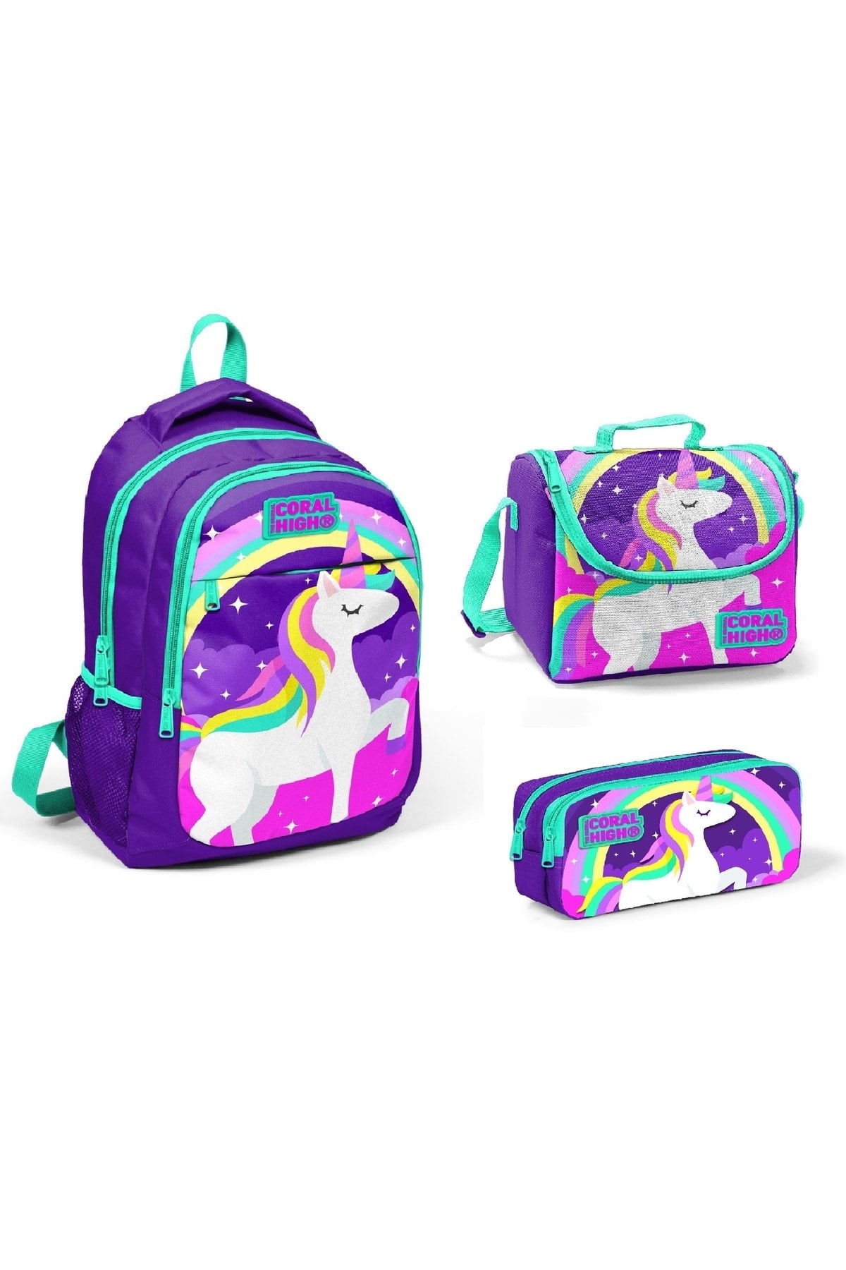Kids Unicorn Patterned Three-Compartment 3-Piece Bag Set