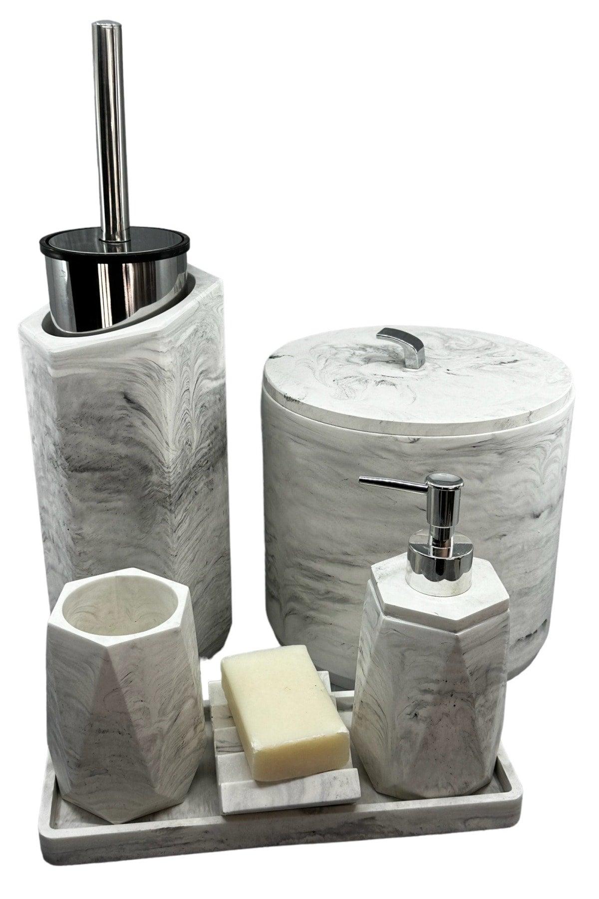 Concrete Bathroom Set Dustbin Toilet Brush Liquid Soap Dispenser - Swordslife