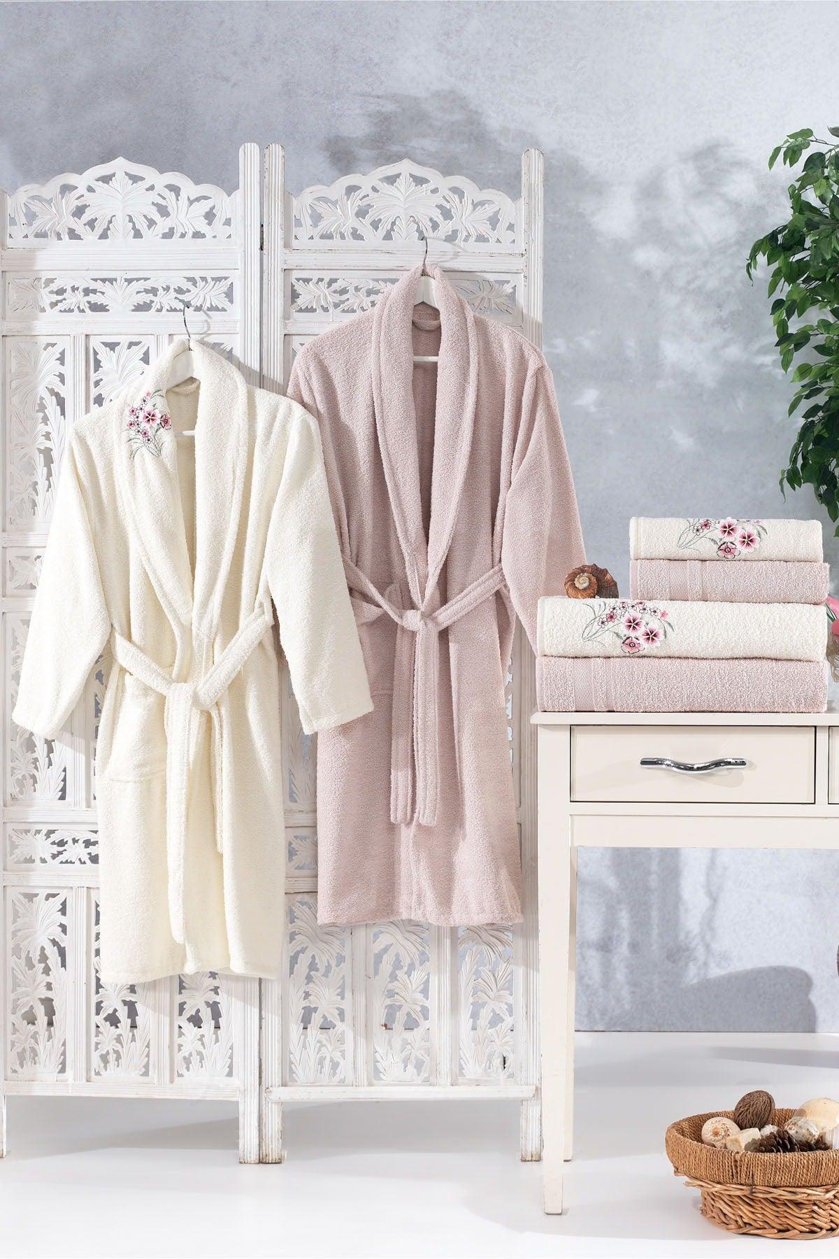 Family Embroidered Cream & Cappuccino Family Bathrobe Set 6 Pieces Dowry Women Men Bath Towel Set - Swordslife