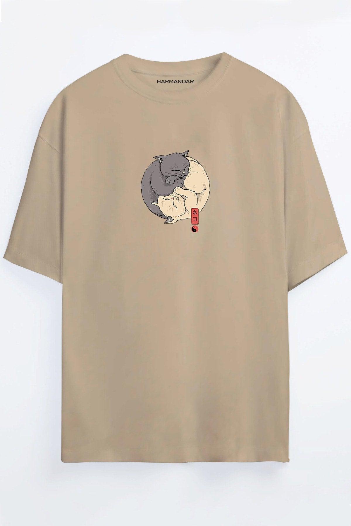 Ying Yang Cat Printed Unisex Beige Oversize T-shirt - Swordslife