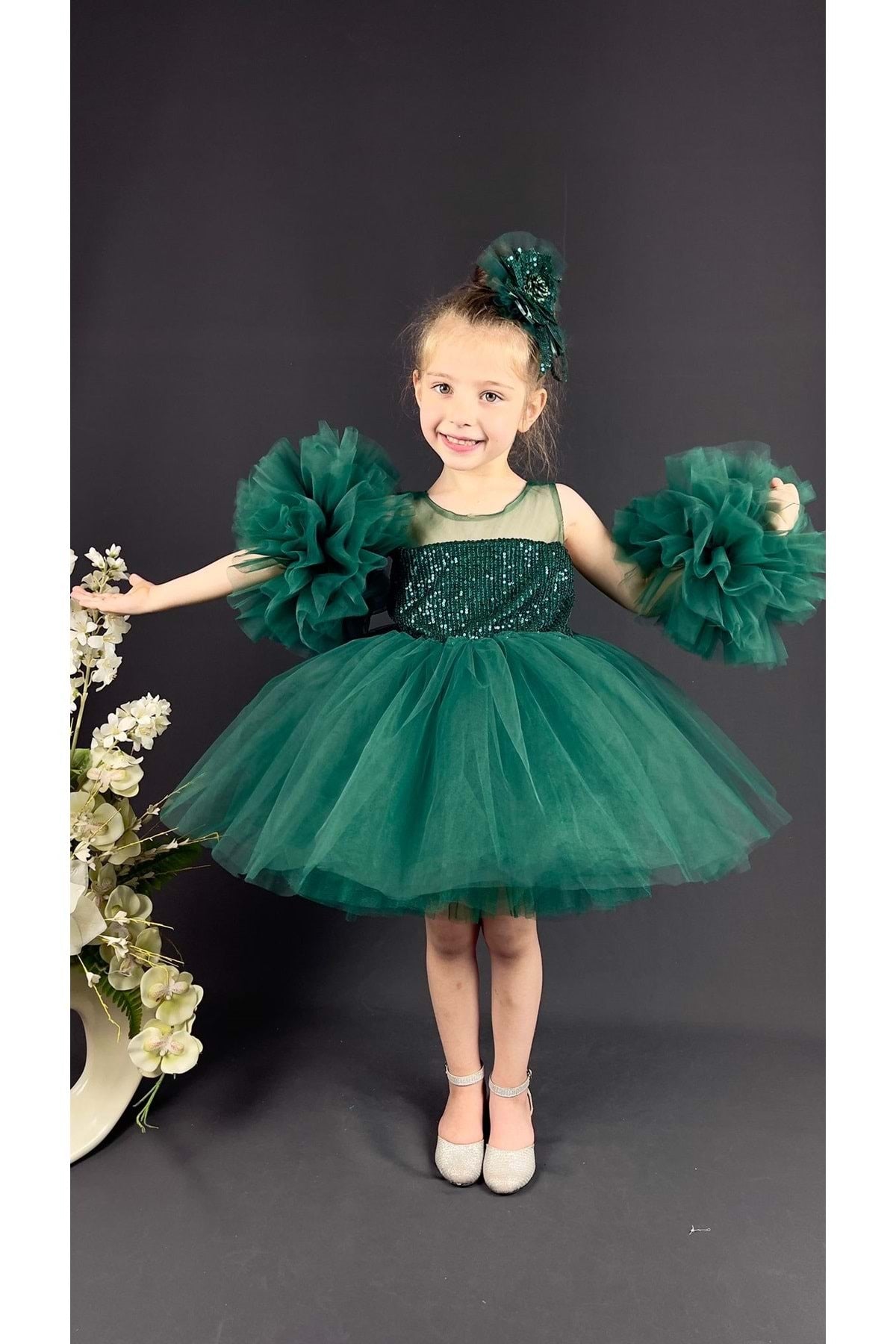 Chiffon Robe Pompom Sleeve Sequined Girls Fluffy Skirt Tulle Evening Dress Green