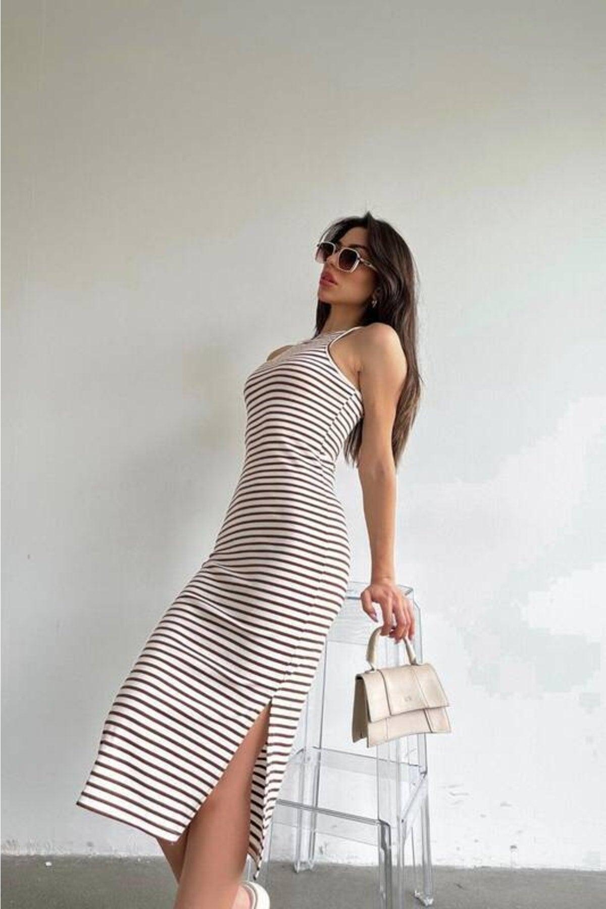 Brown Striped Midi Length Pencil Dress (zck0486) - Swordslife