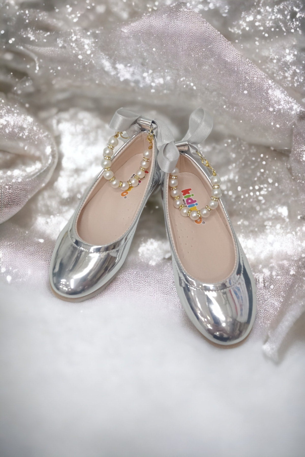 GIRLS' PEARL STONES SILVER MIRROR ORTHOPEDIC FLATS