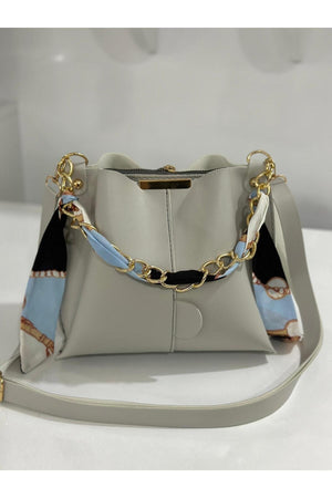 Women'S Scarf Light Gray Chain Accessory Soft Leather 3-Compartment Hand, Arm And Shoulder Bag