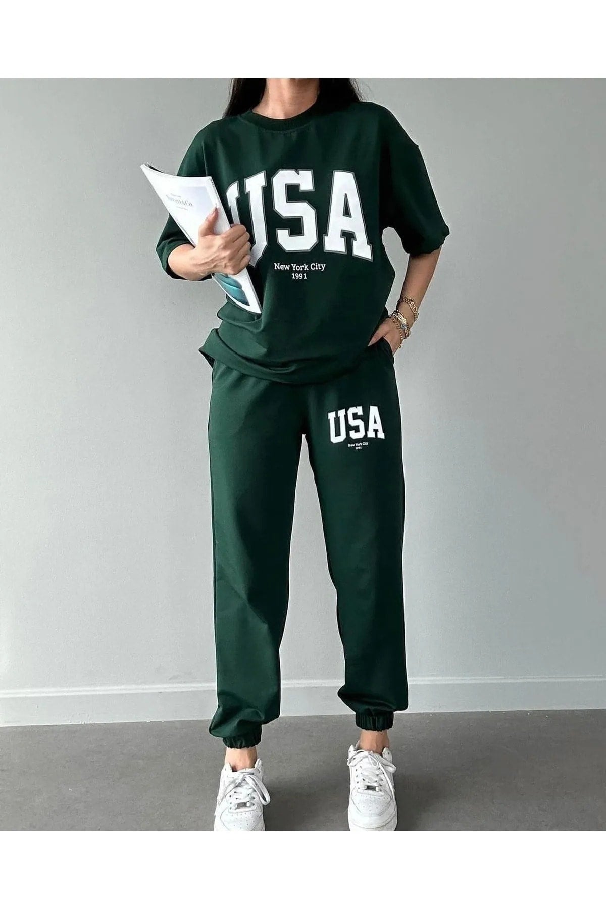 Usa T-Shirt Sweatpants Jogger- Green Printed Bottom Top Tracksuit Suit Oversize Crew Neck