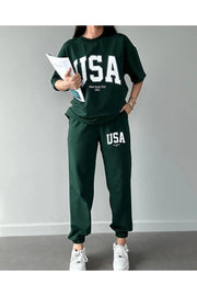 Usa T-Shirt Sweatpants Jogger- Green Printed Bottom Top Tracksuit Suit Oversize Crew Neck