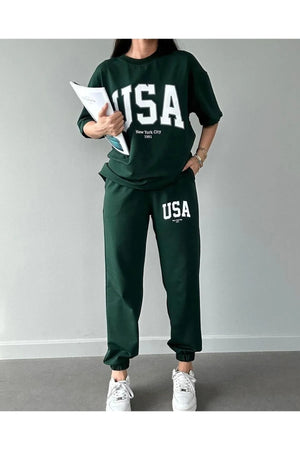 Usa T-Shirt Sweatpants Jogger- Green Printed Bottom Top Tracksuit Suit Oversize Crew Neck
