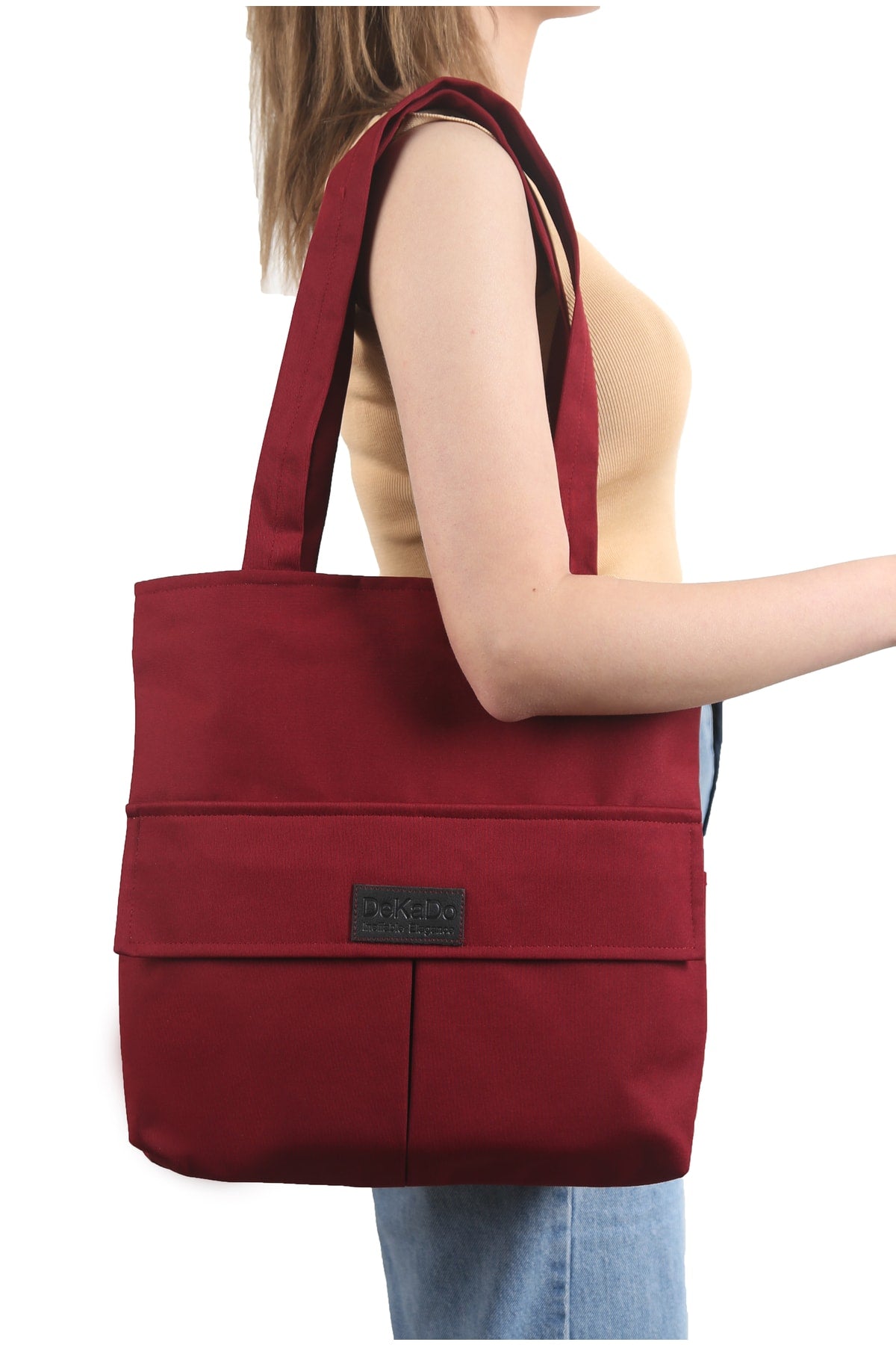 Women'S Claret Red Bag Zippered Hand And Shoulder Bag Canvas Fabric Tote Bag