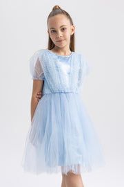 Girl Crew Neck Short Sleeve Tulle Dress