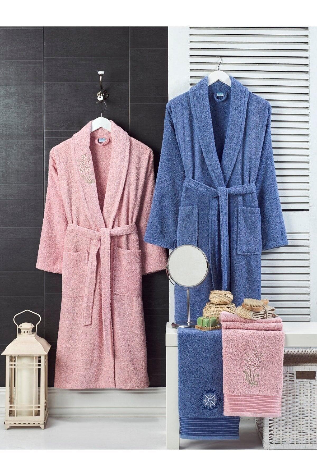 100% Cotton Embroidered 4-Piece Family Bathrobe Set Bathrobe Set Dowry Set Powder Navy Blue - Swordslife