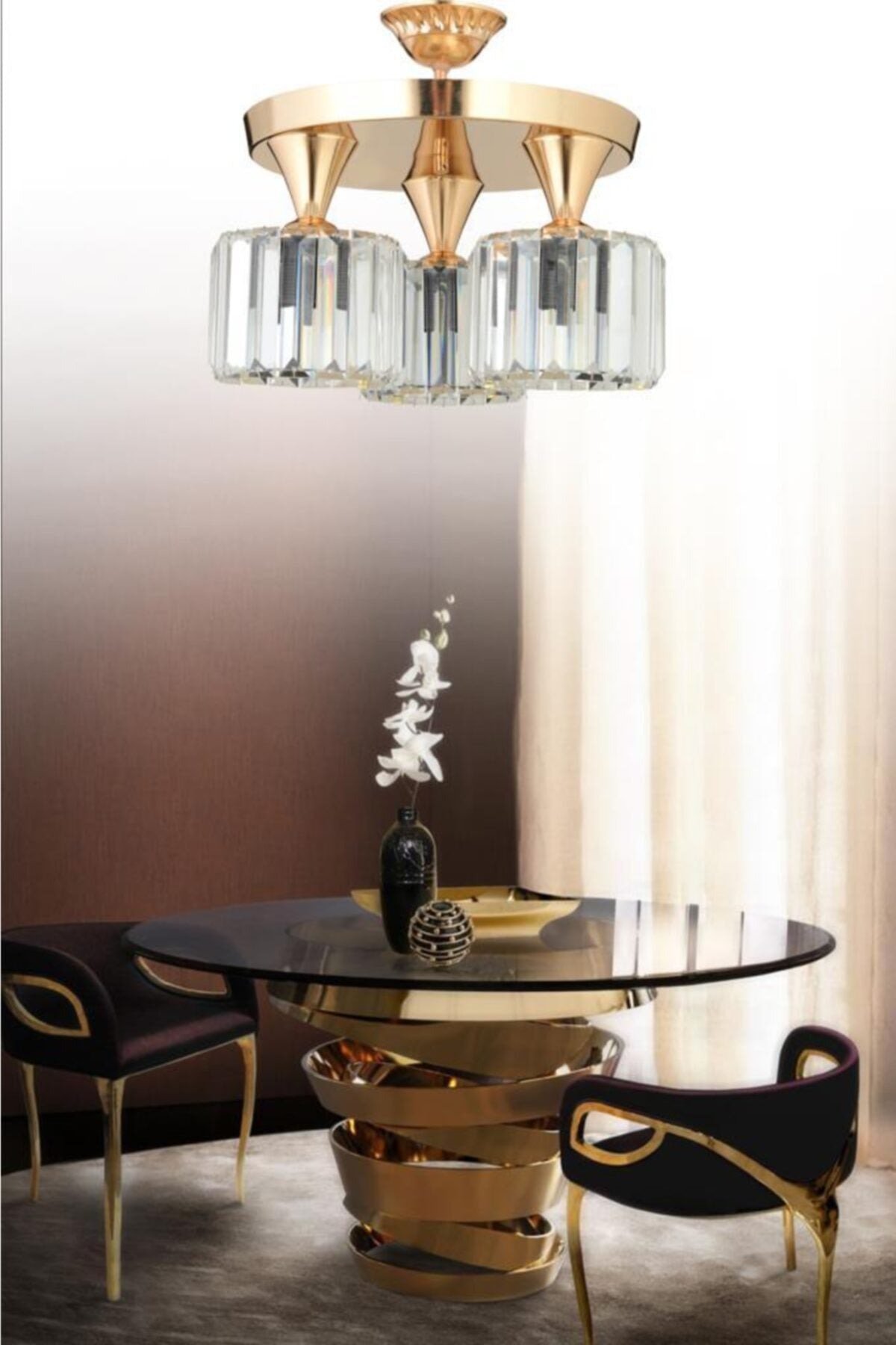 Ahu 3-Piece Gold Plafonier Y-10 Crystal Stone Chandelier
