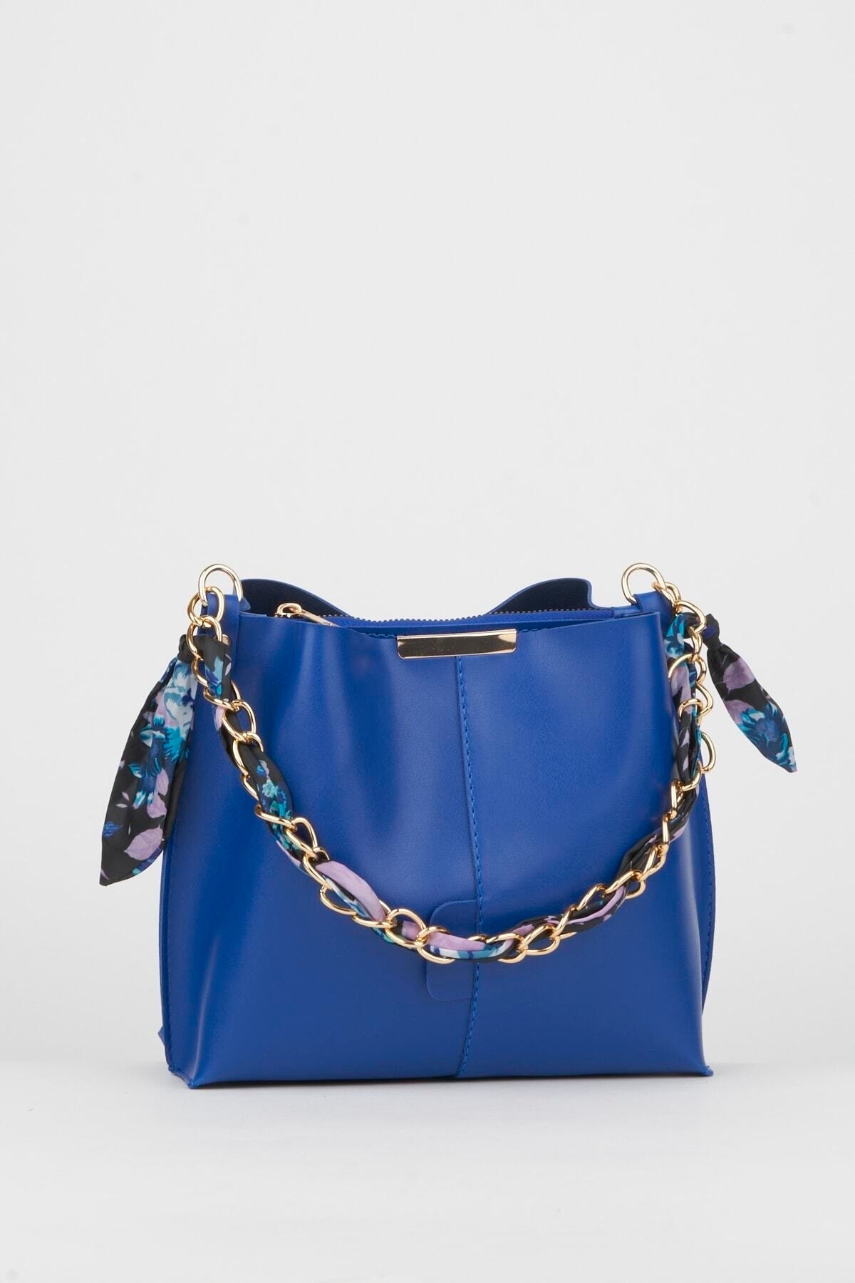 Women'S Sax Blue Scarf Chain Accessory Soft Leather 3-Compartment Hand, Arm And Shoulder Bag